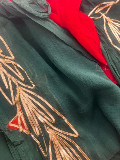 Bottle Green Gota Work Chiffon Saree with Red Blouse Piece