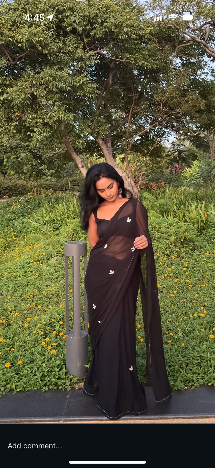 Soft Chiffon Pearl Work (Teen Patti Buti Design) Black Saree With Same Fabric Blouse Peice