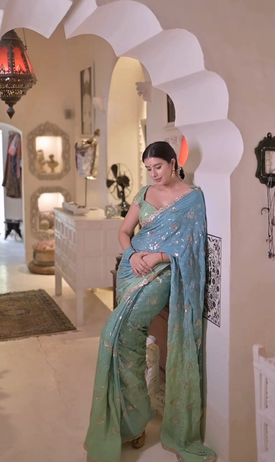 Sea Green Shaded Designer Pure Crêpe Saree with Stitched Mega Sleeves Blouse (36 Chest, Medium to Large)