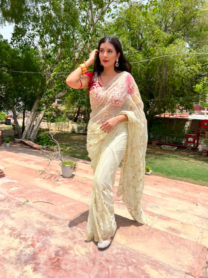 Pure Chiffon Jaal Work White Saree with Pure Crepe Angi Blouse Piece