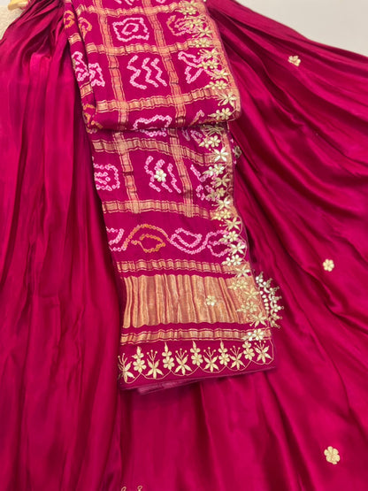 Beautiful Pure Gajji Silk Lehanga, Ghatchola Dupatta with Same Fabric and Work Blouse Piece. Full handwork all over the Lehanga and Blouse Piece