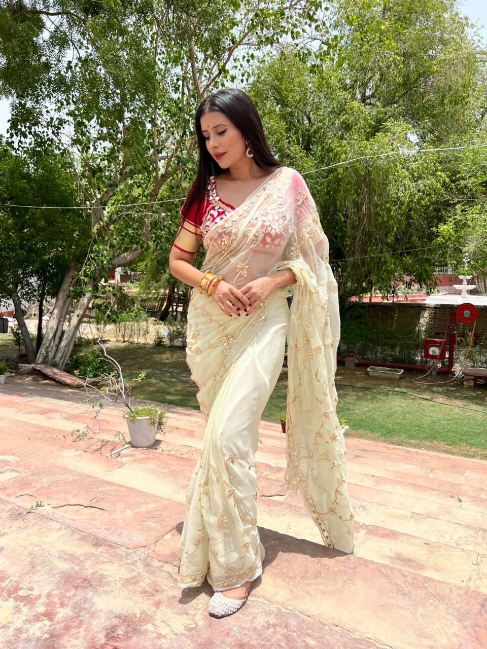 Pure Chiffon Jaal Work White Saree with Pure Crepe Angi Blouse Piece