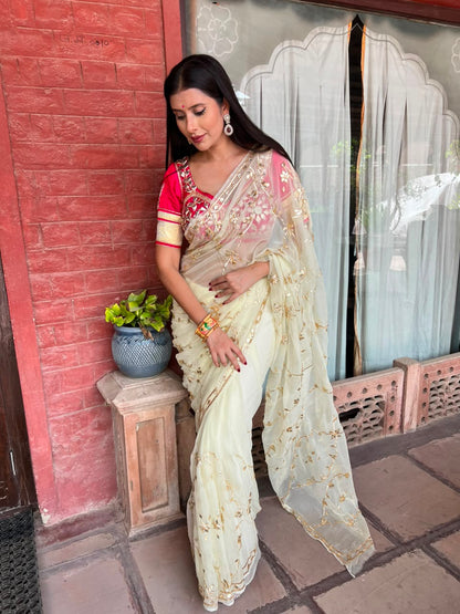 Pure Chiffon Jaal Work White Saree with Pure Crepe Angi Blouse Piece