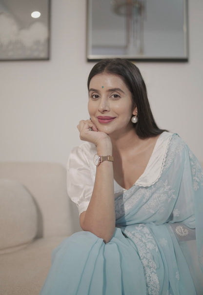 Soft Georgette Sky Blue Chikankari Saree with White Cotton Silk Blouse Piece