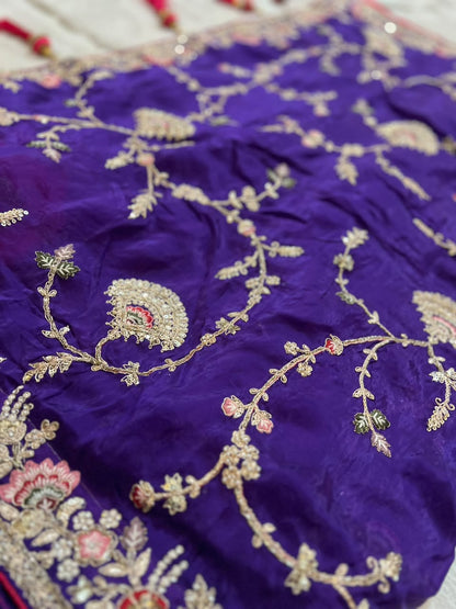 Heavy work Purple Silk Saree with Beautiful Tussles at the Pallu and Heavy Pink Contrast Blouse. You can call it Madhuri Dixit inspired “Hum Aapke hain Koun Saree “