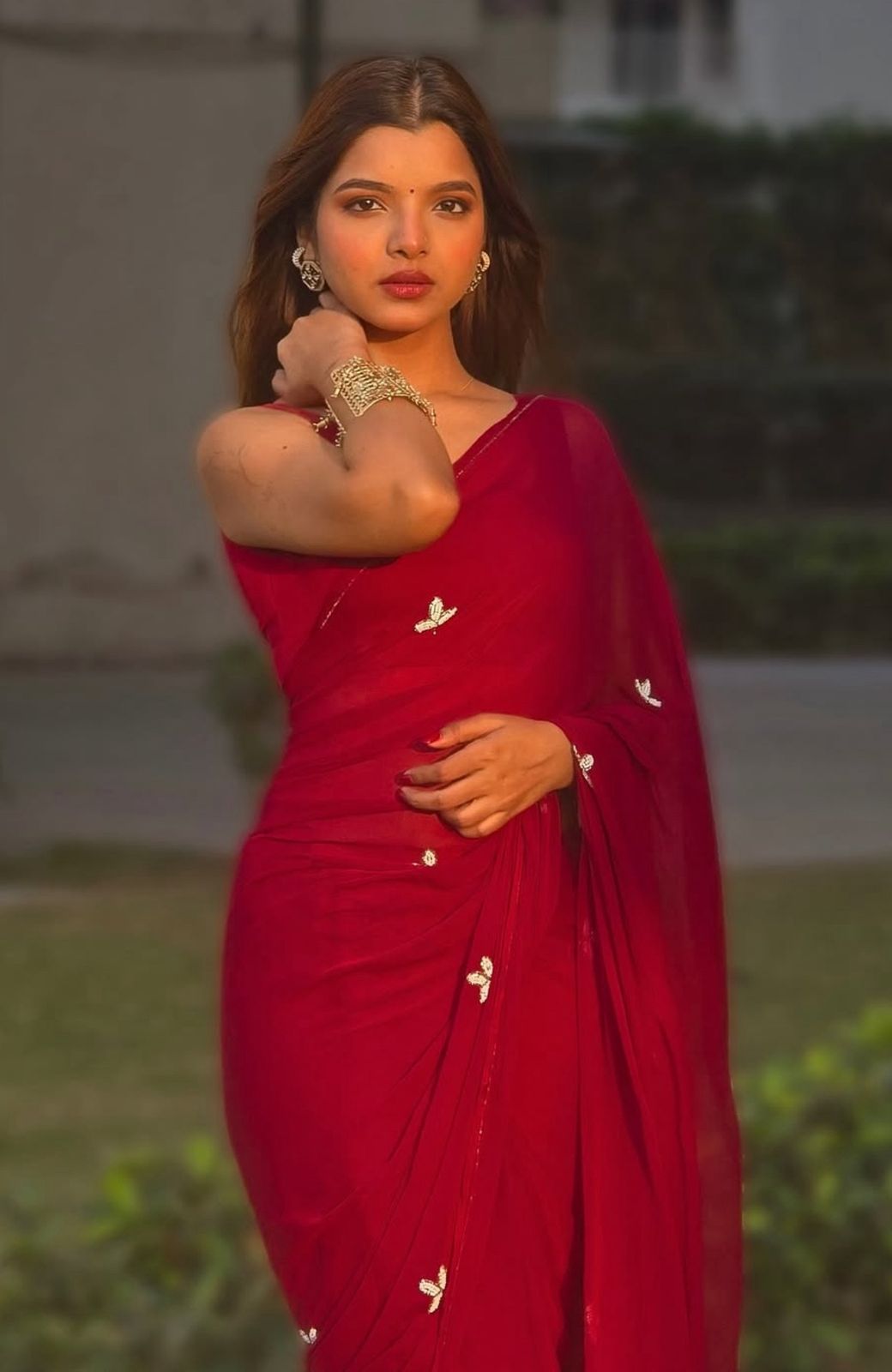 Soft Chiffon Pearl Work (Teen Patti Buti Design) Red Saree with Same Fabric Blouse Peice