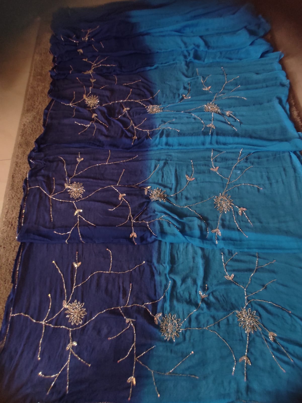 Sky Blue and  Dark Blue Shaded Zaal Work Chiffon Saree with Blouse Piece
