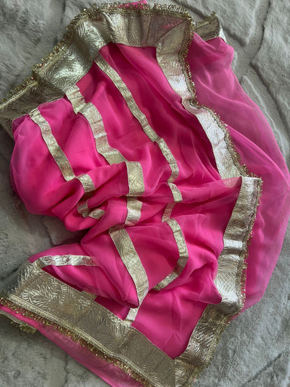 Light Pink Colour Celebrity Inspired Gota Chiffon Saree with Same Fabric Blouse in Running