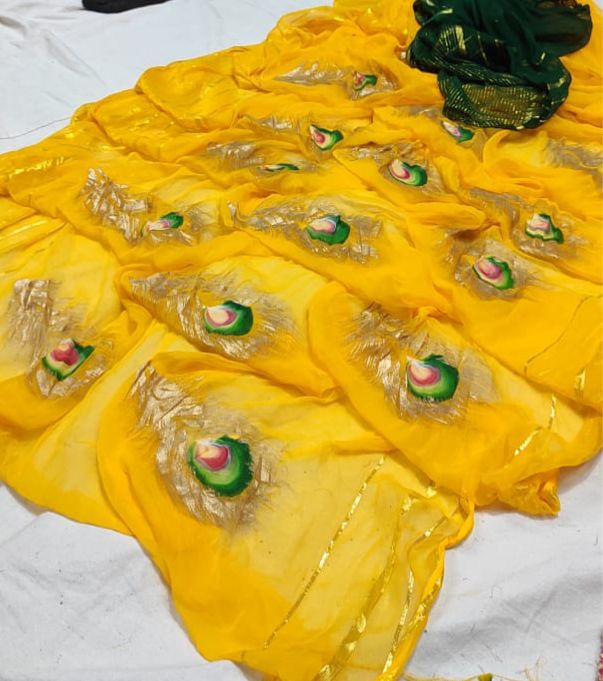 Morphankh Print Yellow Chiffon Saree