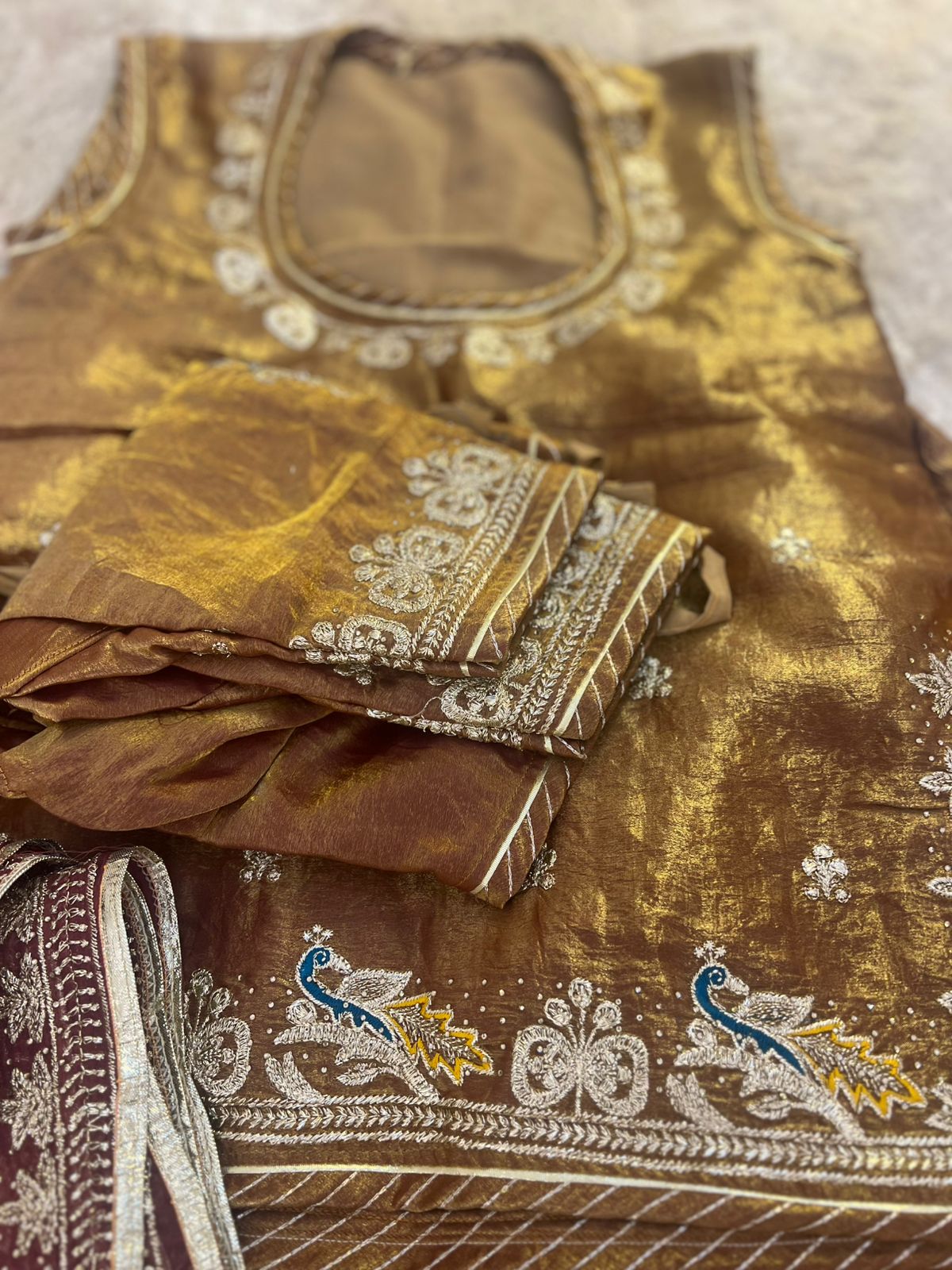 Golden brown Designer Poshak with Baareek Kadhayi (Stitched)