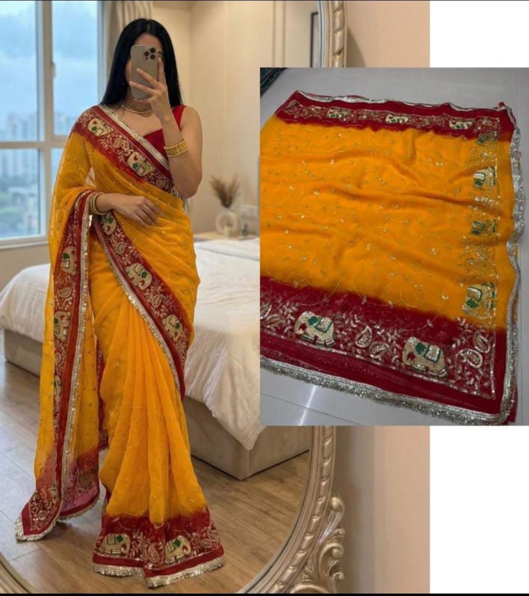 Yellow and Red Designer Rajpooti Saree