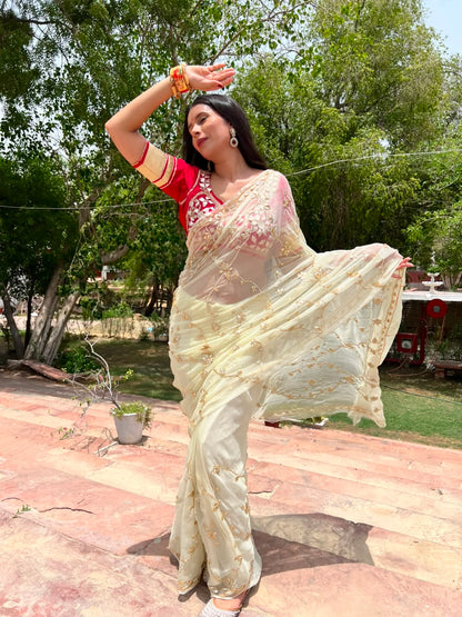 Pure Chiffon Jaal Work White Saree with Pure Crepe Angi Blouse Piece