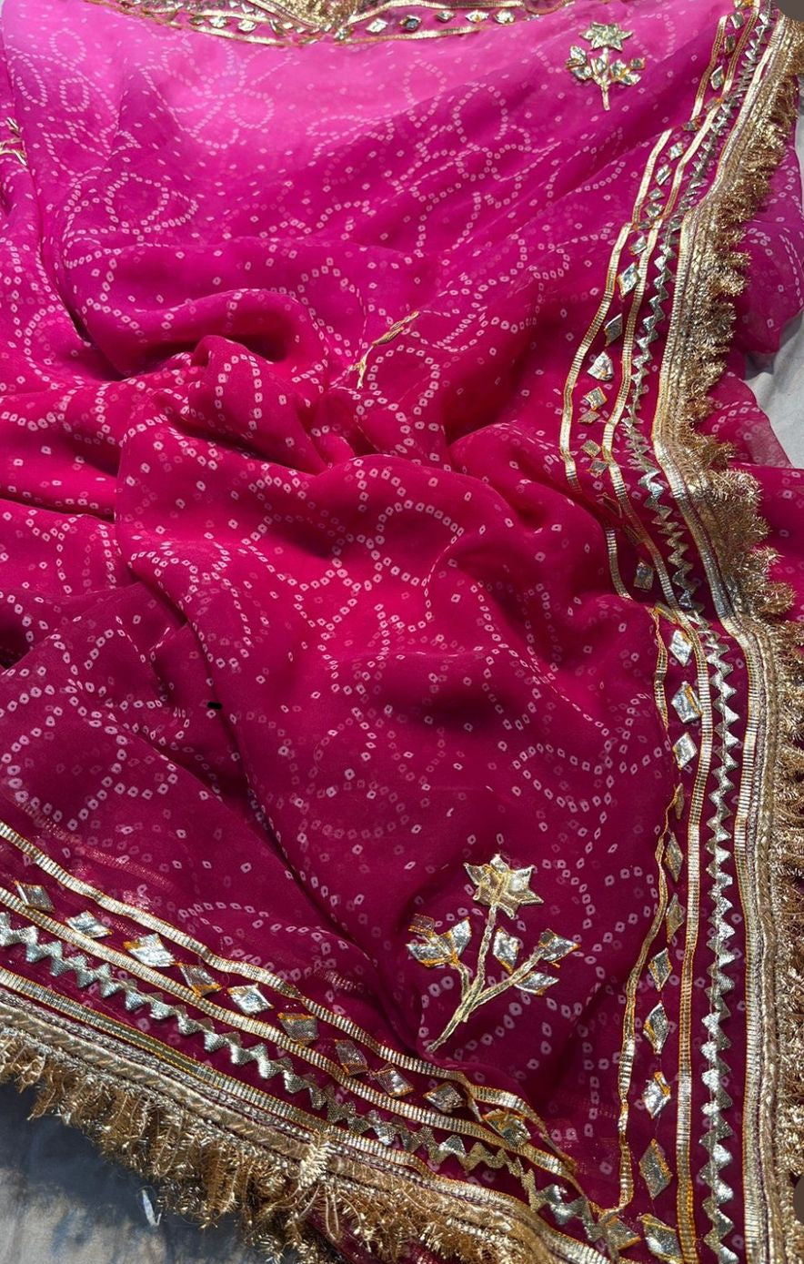 Magenta Pink Bandhini Gota Designer Saree with Running Blouse