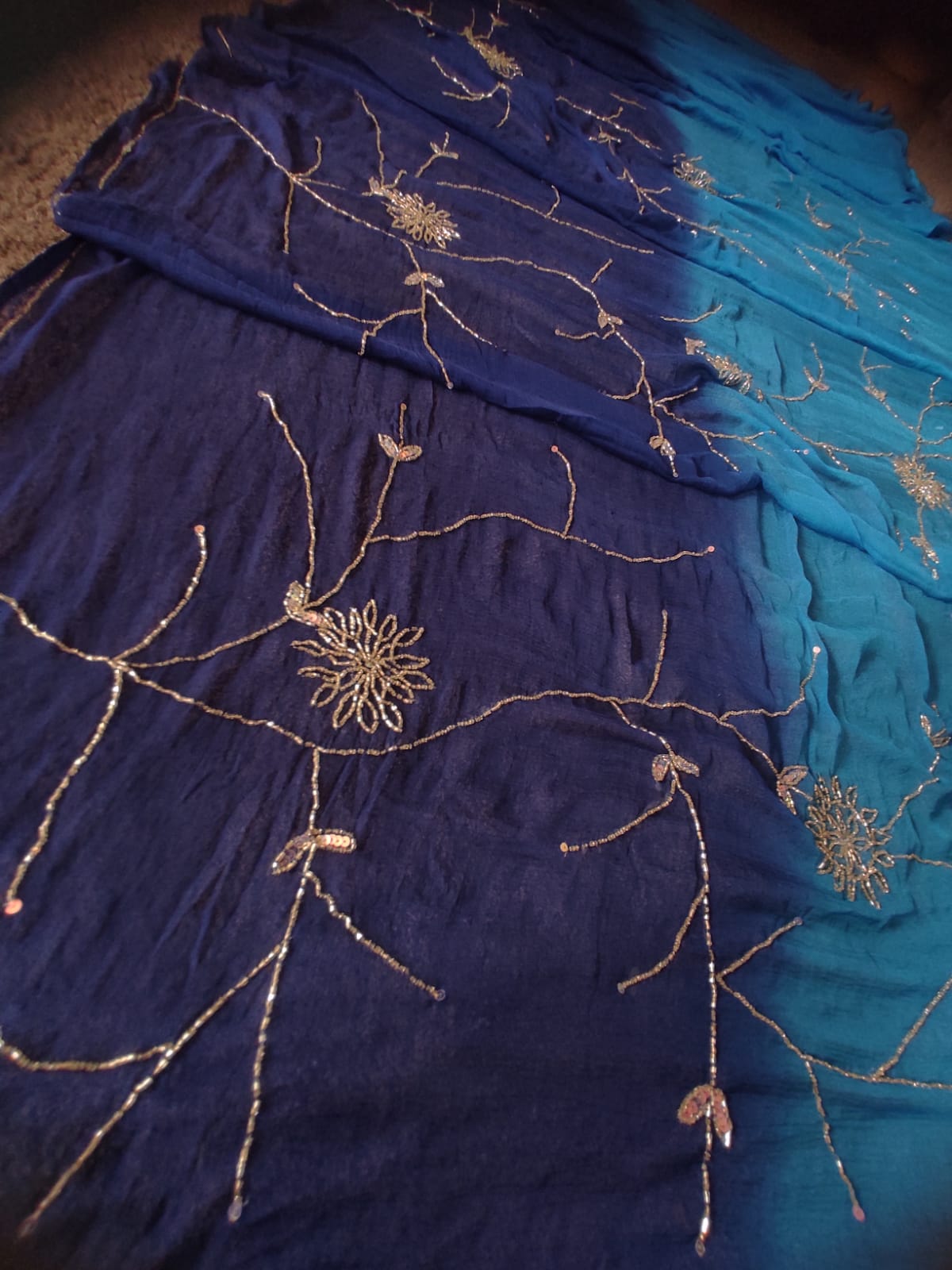 Sky Blue and  Dark Blue Shaded Zaal Work Chiffon Saree with Blouse Piece
