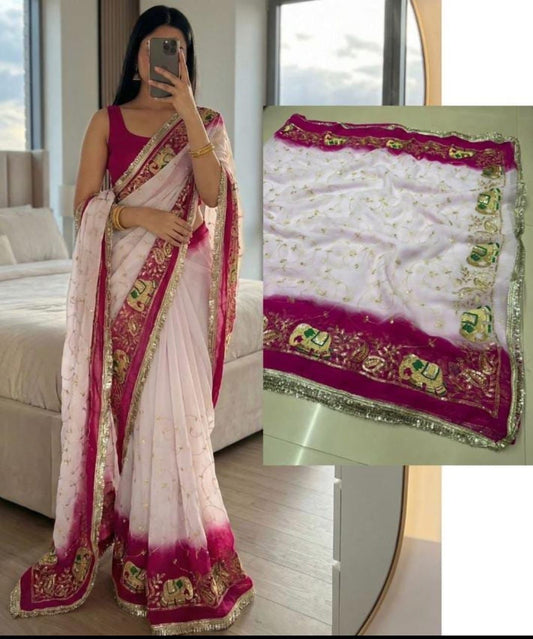 Rajpooti White and Pink Elephant Work Saree