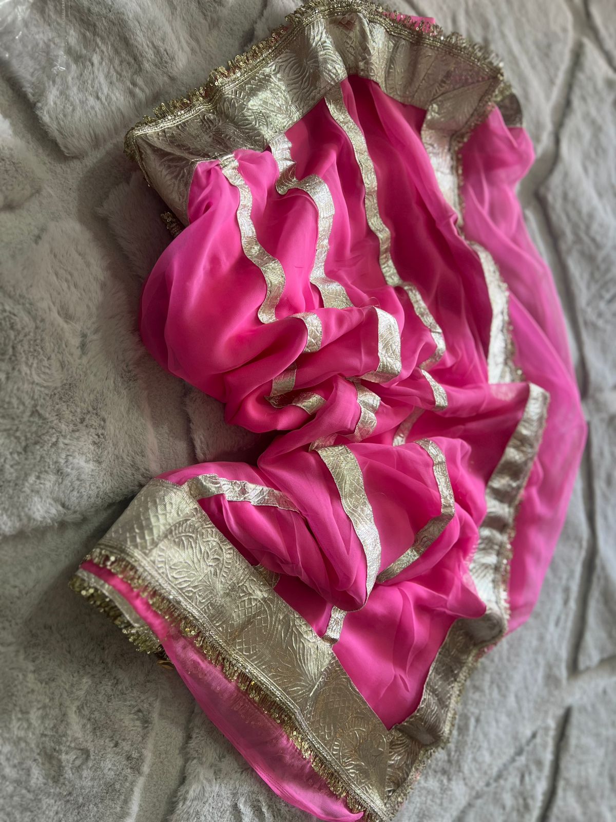 Light Pink Colour Celebrity Inspired Gota Chiffon Saree with Same Fabric Blouse in Running