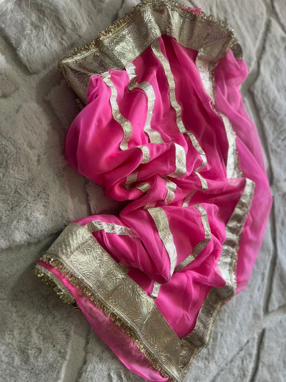 Light Pink Colour Celebrity Inspired Gota Chiffon Saree with Same Fabric Blouse in Running