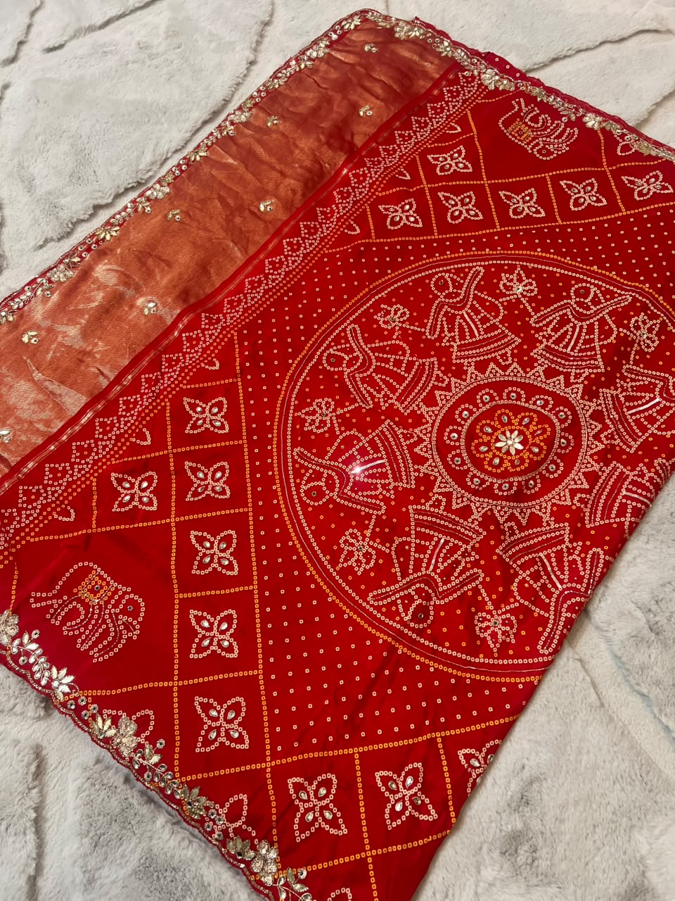 Beautiful H.O Silk Designer Bandhini Saree in Red Color With Lovely Gota Work and Same Fabric Blouse Piece