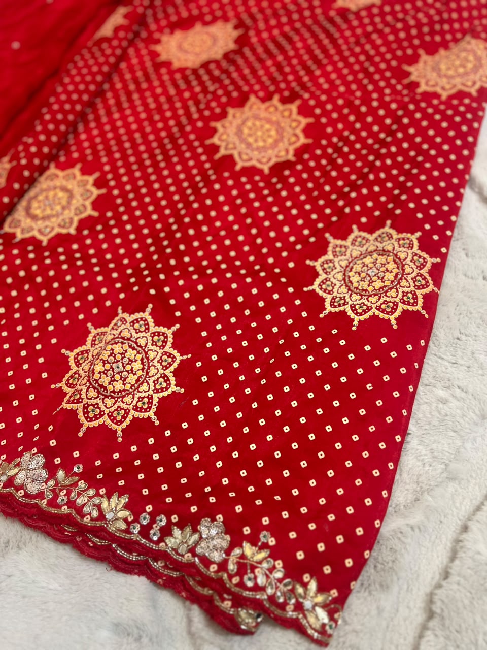 Beautiful H.O Silk Designer Bandhini Saree in Red Color With Lovely Gota Work and Same Fabric Blouse Piece