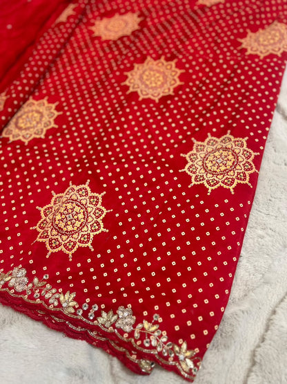 Beautiful H.O Silk Designer Bandhini Saree in Red Color With Lovely Gota Work and Same Fabric Blouse Piece
