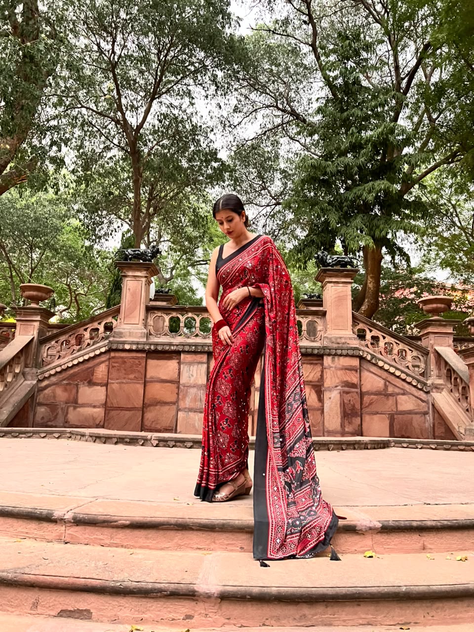 Beautiful Red & Black Mirror Work Designer Modal Silk Saree with Blouse Piece