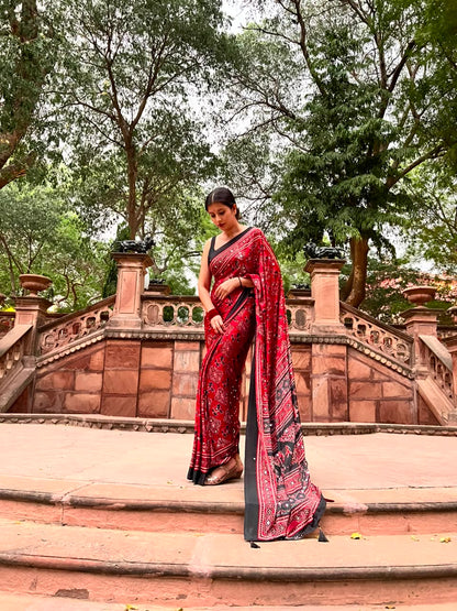 Beautiful Red & Black Mirror Work Designer Modal Silk Saree with Blouse Piece
