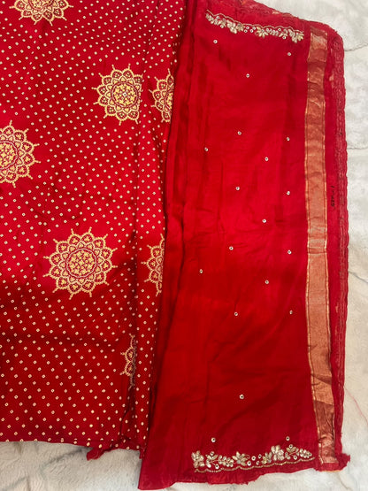 Beautiful H.O Silk Designer Bandhini Saree in Red Color With Lovely Gota Work and Same Fabric Blouse Piece