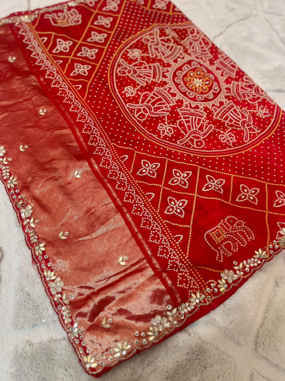 Beautiful H.O Silk Designer Bandhini Saree in Red Color With Lovely Gota Work and Same Fabric Blouse Piece
