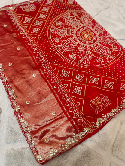 Beautiful H.O Silk Designer Bandhini Saree in Red Color With Lovely Gota Work and Same Fabric Blouse Piece