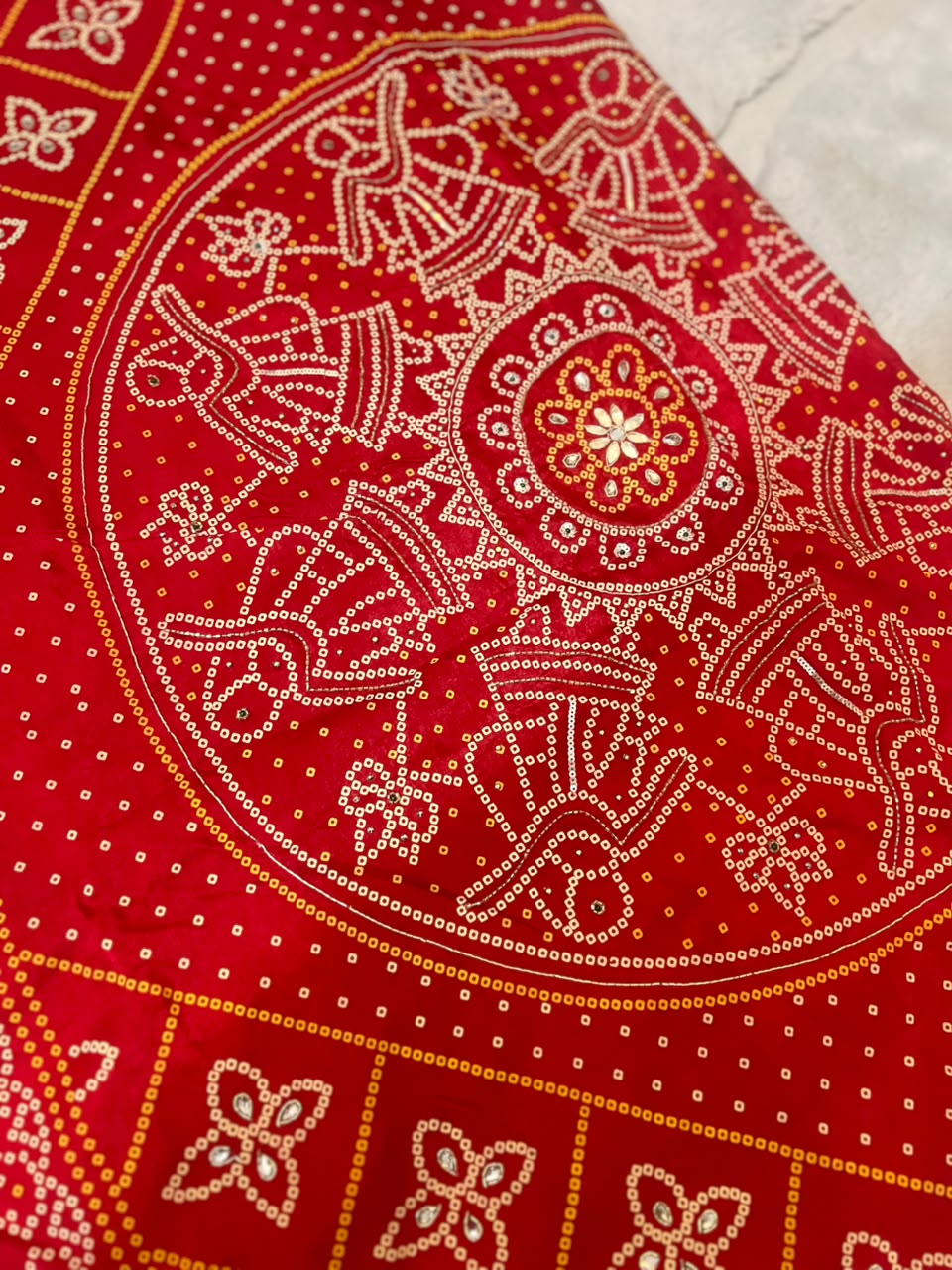 Beautiful H.O Silk Designer Bandhini Saree in Red Color With Lovely Gota Work and Same Fabric Blouse Piece