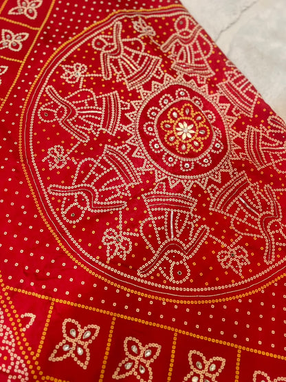 Beautiful H.O Silk Designer Bandhini Saree in Red Color With Lovely Gota Work and Same Fabric Blouse Piece