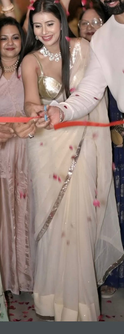 Off-White Pure Chiffon Mukesh Saree with Designer Gota Blouse