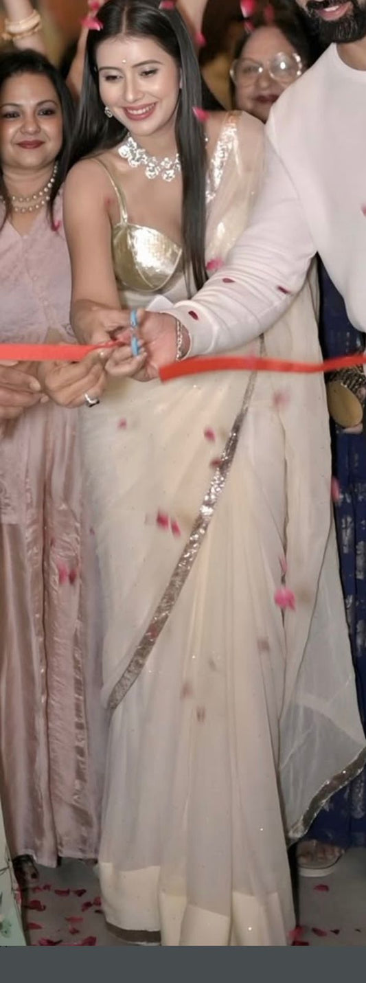 Off-White Pure Chiffon Mukesh Saree with Designer Gota Blouse
