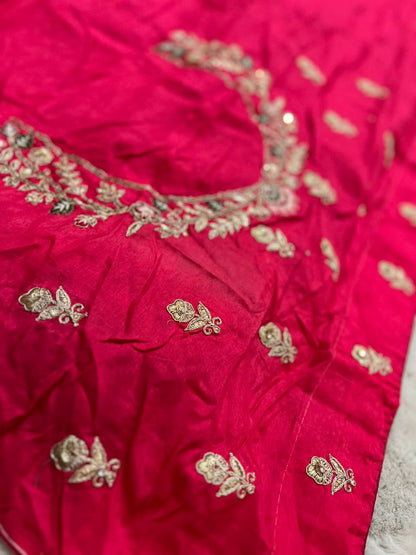 Heavy work Purple Silk Saree with Beautiful Tussles at the Pallu and Heavy Pink Contrast Blouse. You can call it Madhuri Dixit inspired “Hum Aapke hain Koun Saree “