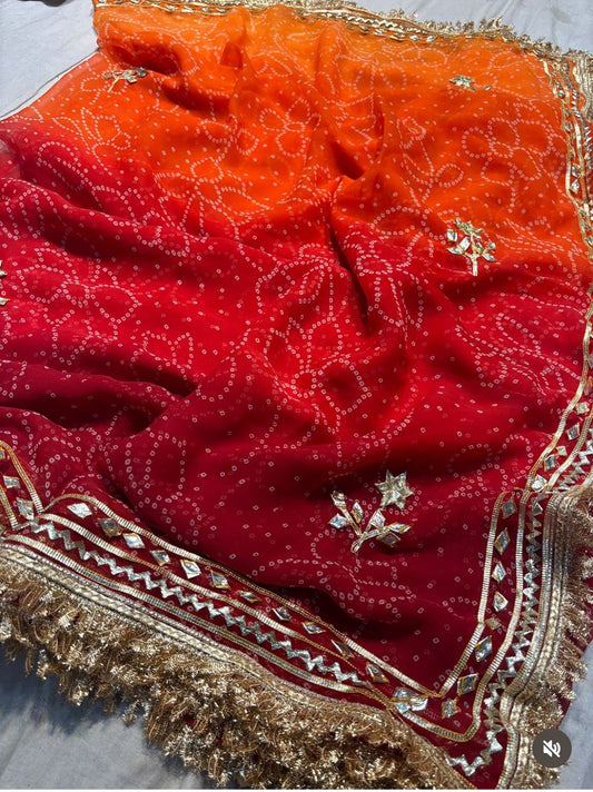 Orange Shaded Bandhini Gota Designer Saree with Running Blouse