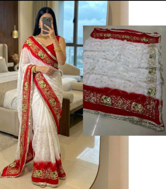 Rajpooti White and Red Elephant Work Saree