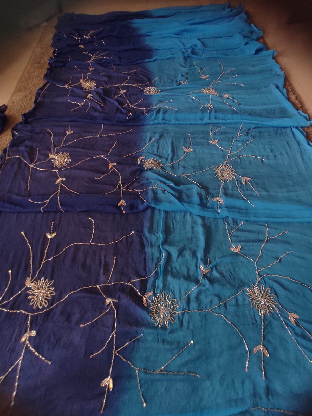 Sky Blue and  Dark Blue Shaded Zaal Work Chiffon Saree with Blouse Piece