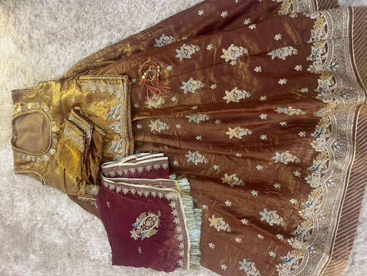 Golden brown Designer Poshak with Baareek Kadhayi (Stitched)