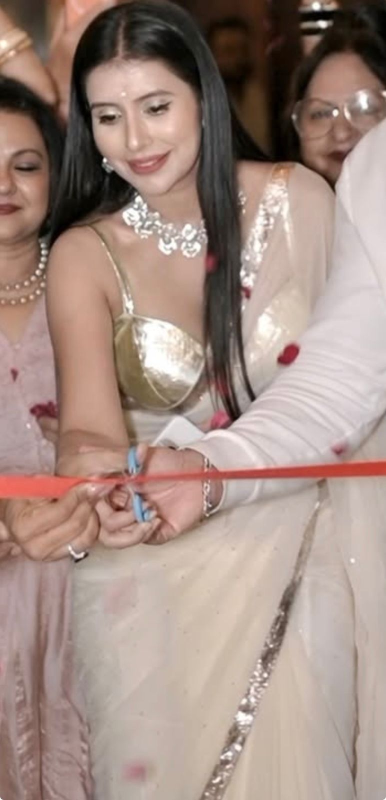 Off-White Pure Chiffon Mukesh Saree with Designer Gota Blouse