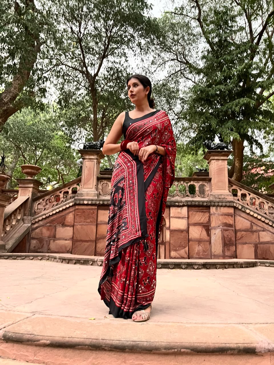 Beautiful Red & Black Mirror Work Designer Modal Silk Saree with Blouse Piece