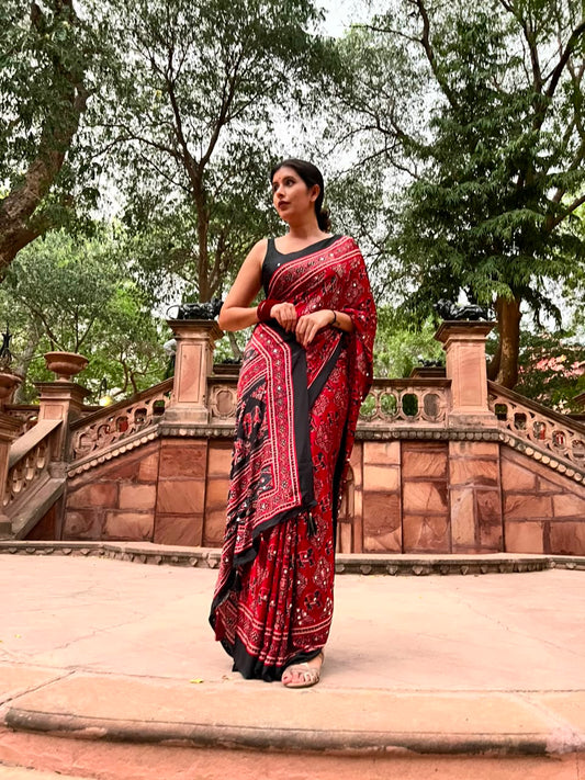 Beautiful Red & Black Mirror Work Designer Modal Silk Saree with Blouse Piece