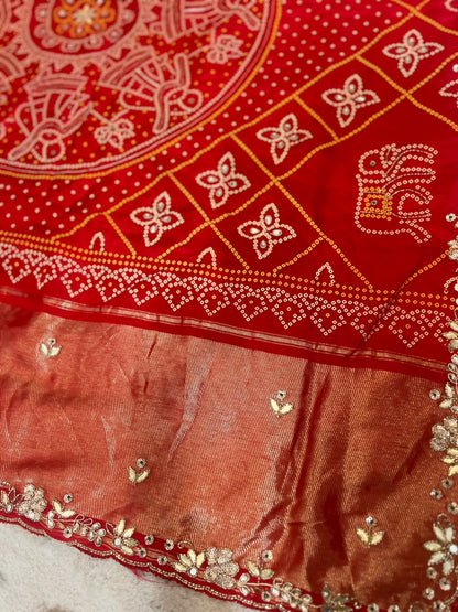 Beautiful H.O Silk Designer Bandhini Saree in Red Color With Lovely Gota Work and Same Fabric Blouse Piece
