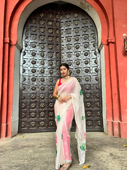 Beautiful Flower Pearl Design Organza Saree with Blouse Piece