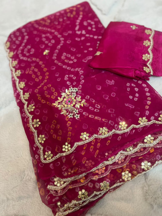 Beautiful Pure Chiffon Hand Bandhini Saree with Pear and Gota Work and Blouse Piece