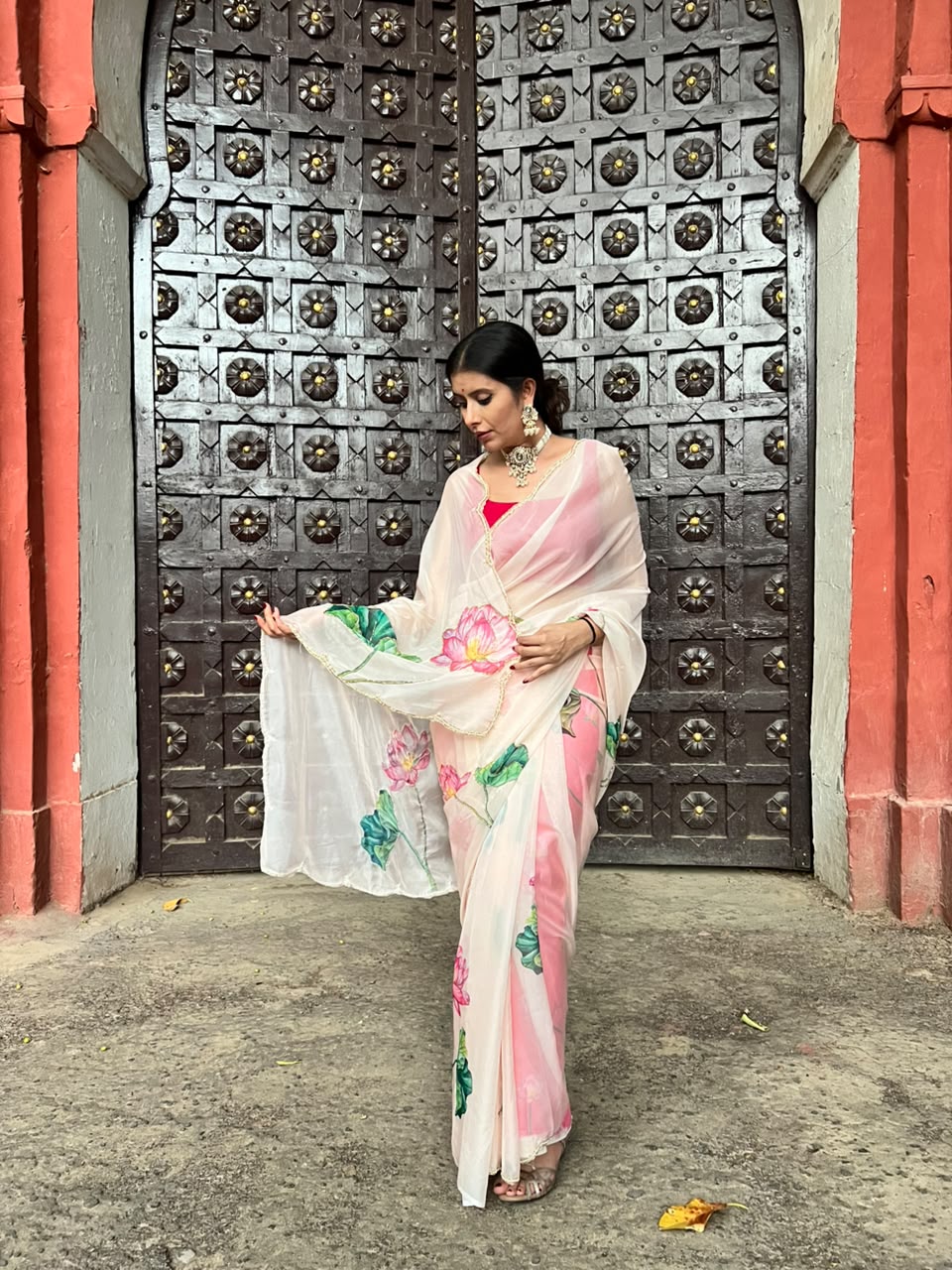 Beautiful Flower Pearl Design Organza Saree with Blouse Piece
