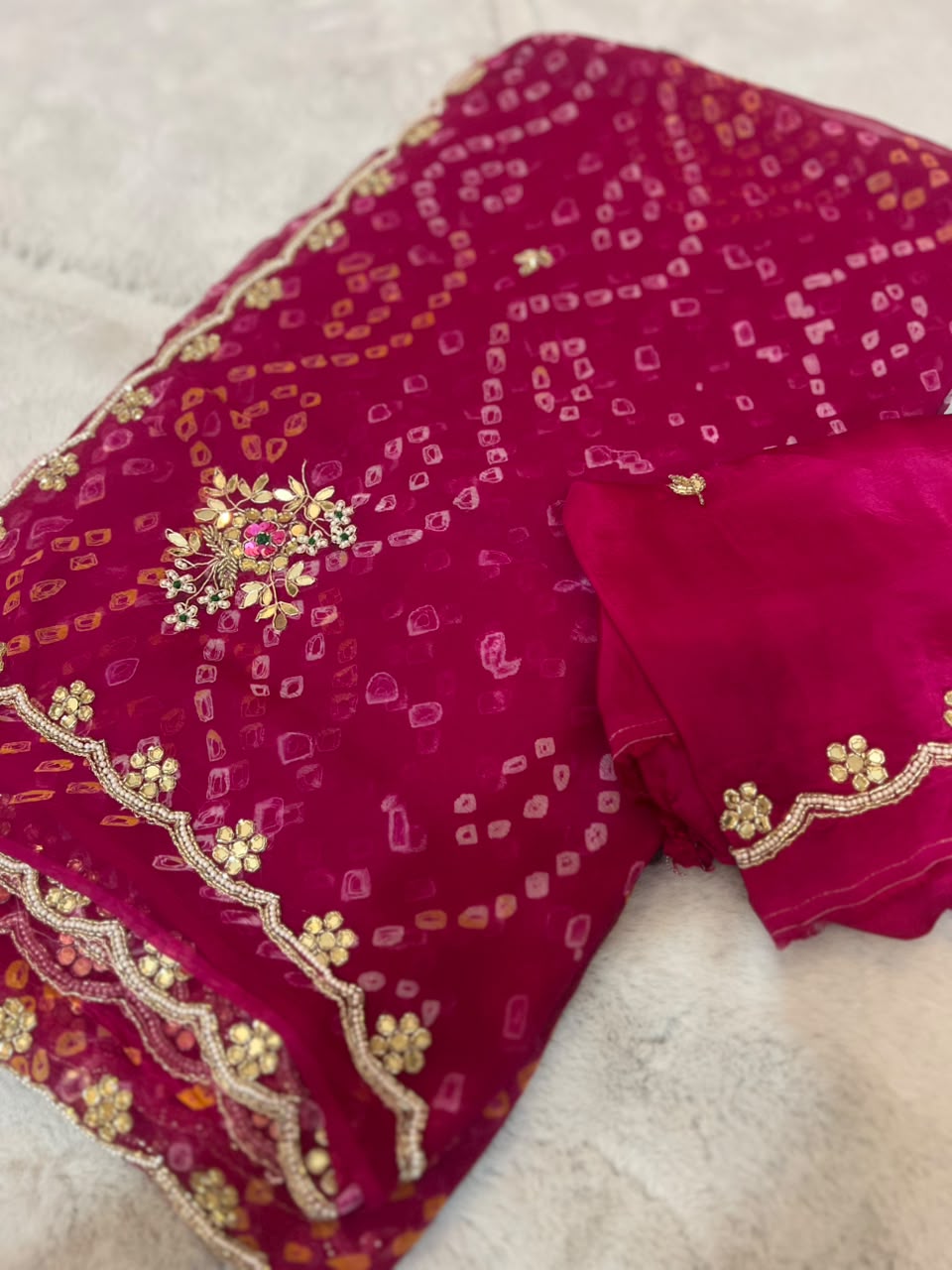 Beautiful Pure Chiffon Hand Bandhini Saree with Pear and Gota Work and Blouse Piece
