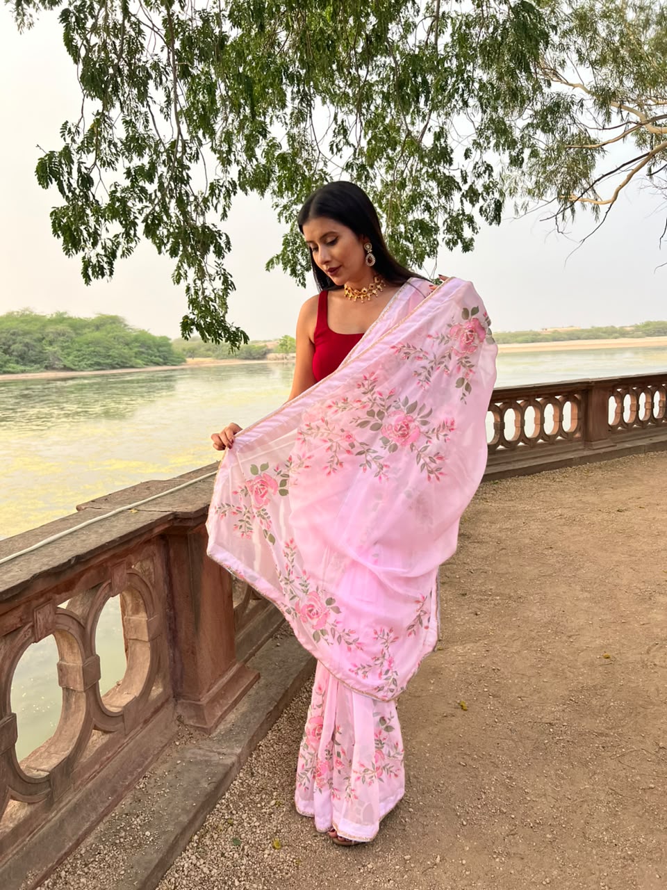 Beautiful Baby Pink Color Pearl Work Organza Saree with Blouse Piece
