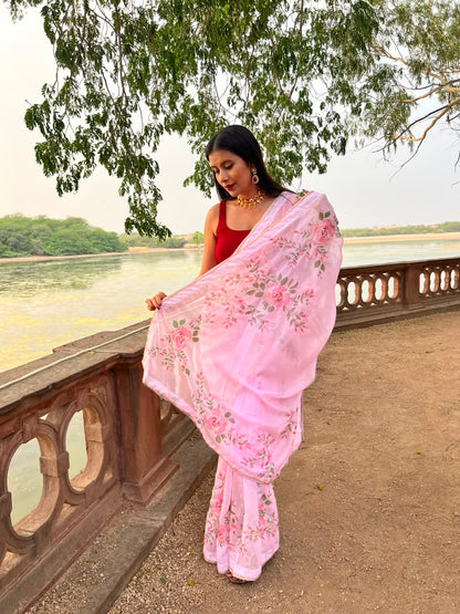 Beautiful Baby Pink Color Pearl Work Organza Saree with Blouse Piece