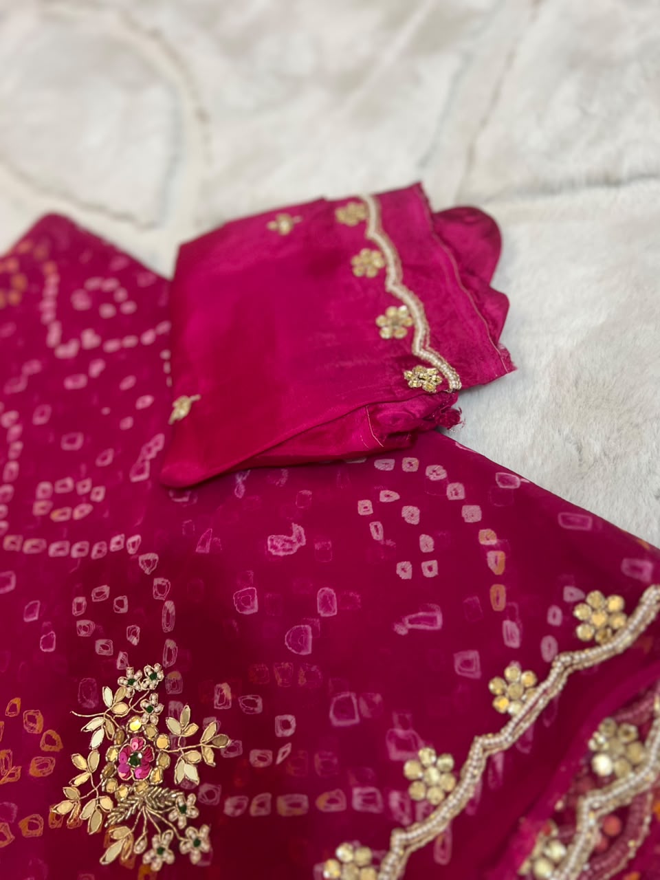 Beautiful Pure Chiffon Hand Bandhini Saree with Pear and Gota Work and Blouse Piece