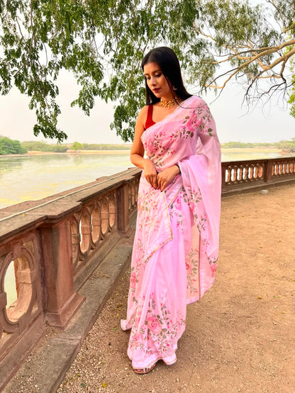 Beautiful Baby Pink Color Pearl Work Organza Saree with Blouse Piece